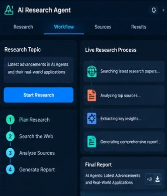 AI Research Agent project: dark-themed application interface screenshot